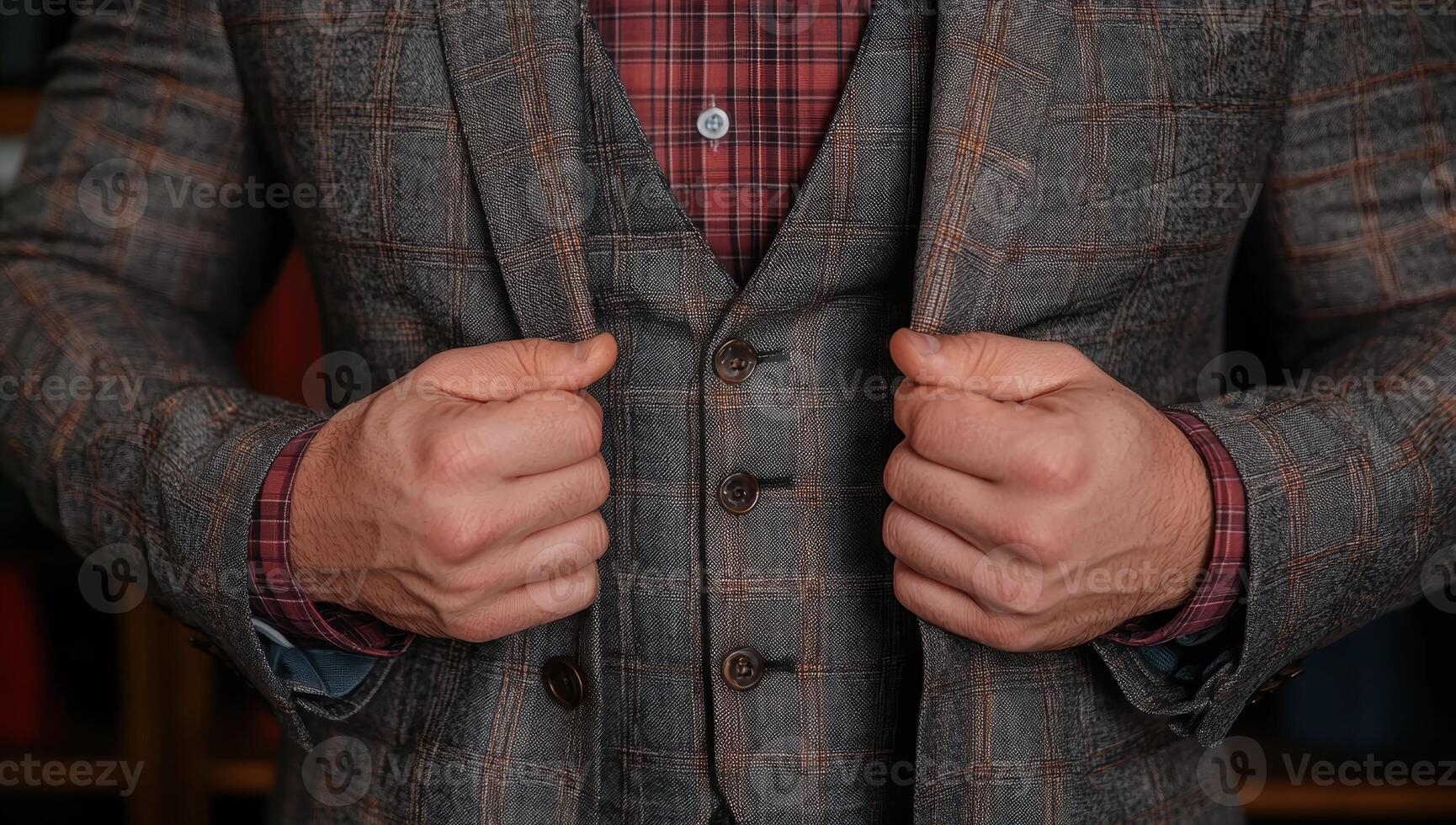 Closeup of a persons hands buttoning up a plaid shirt over a checkered suit jacket photo