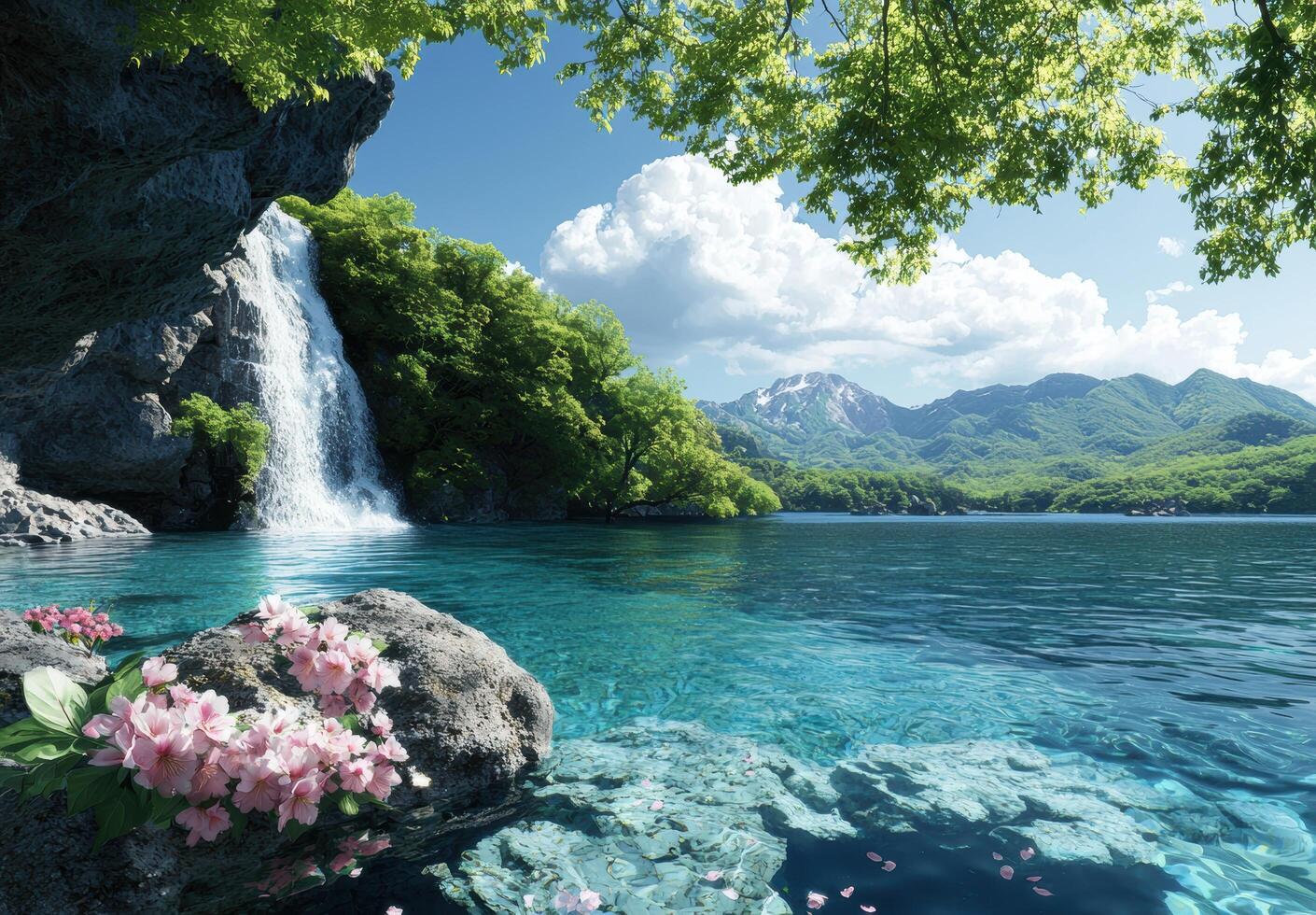 Serene waterfall landscape with clear blue lake photo