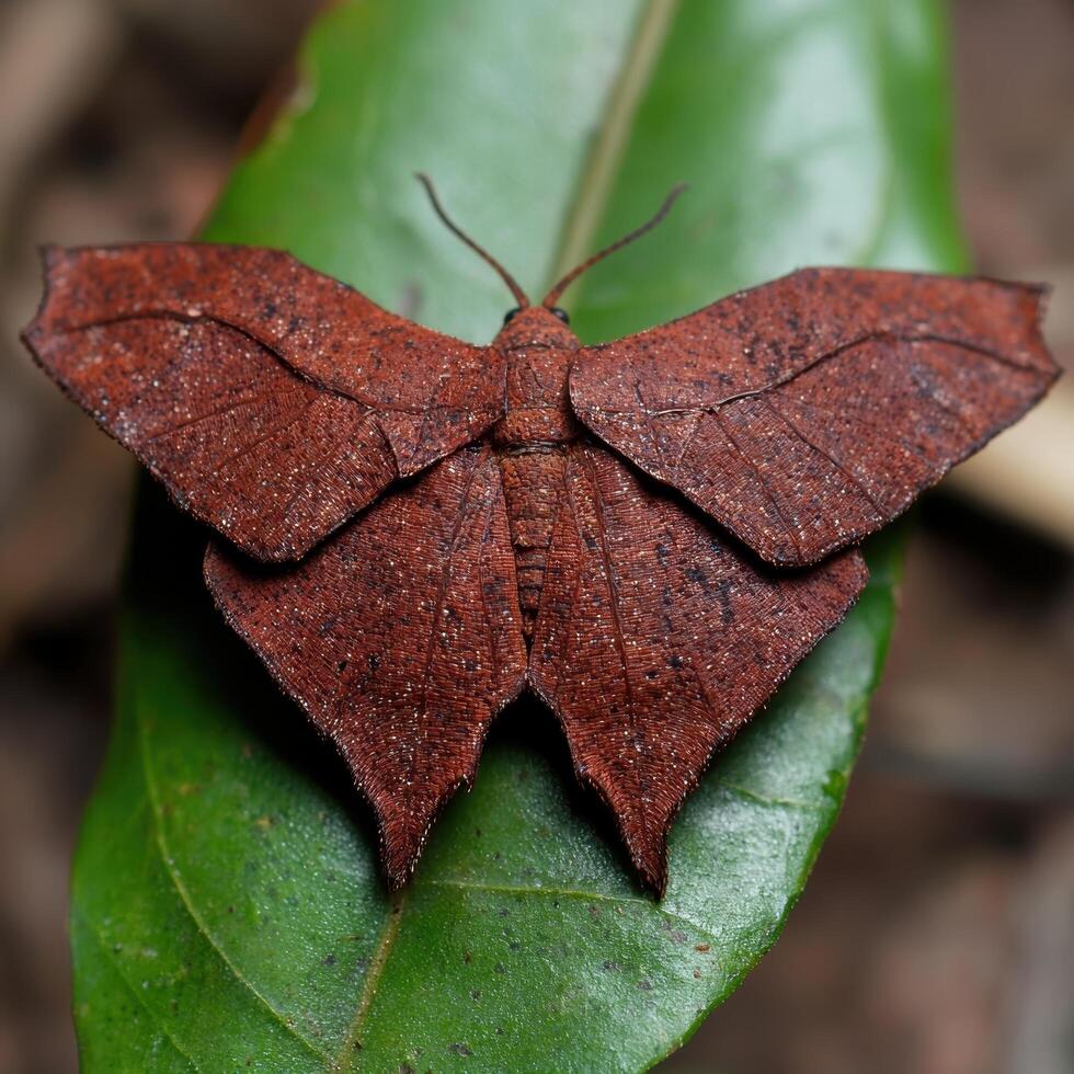 Close up of a beautiful red moth on a green leaf photo