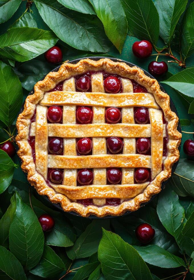 Homemade cherry pie with lattice crust photo