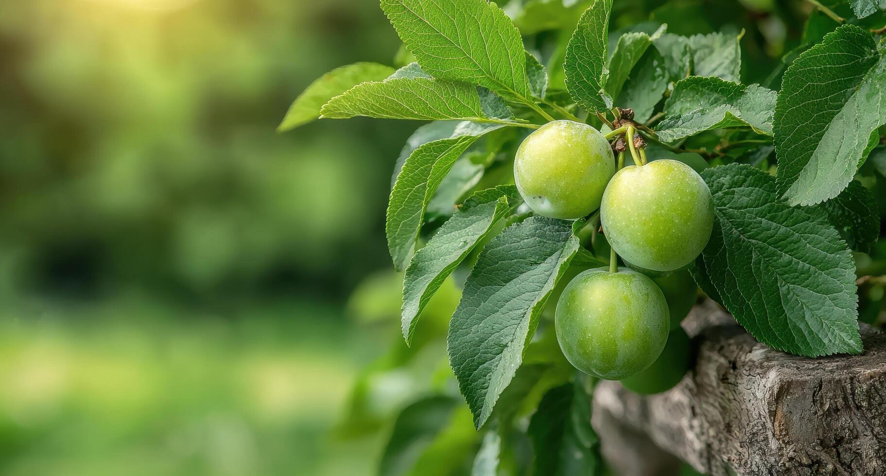 Fresh green apples growing on a tree branch photo