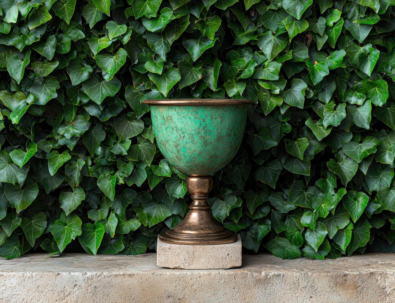 Antique copper urn against ivy wall photo