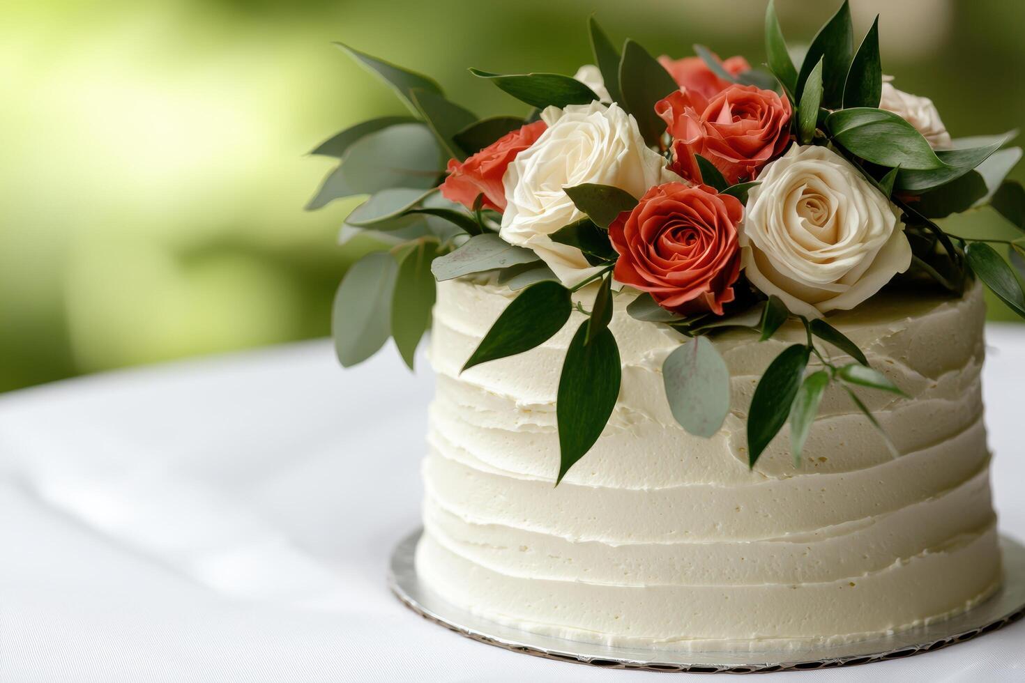 beautiful wedding cake with fresh flowers photo