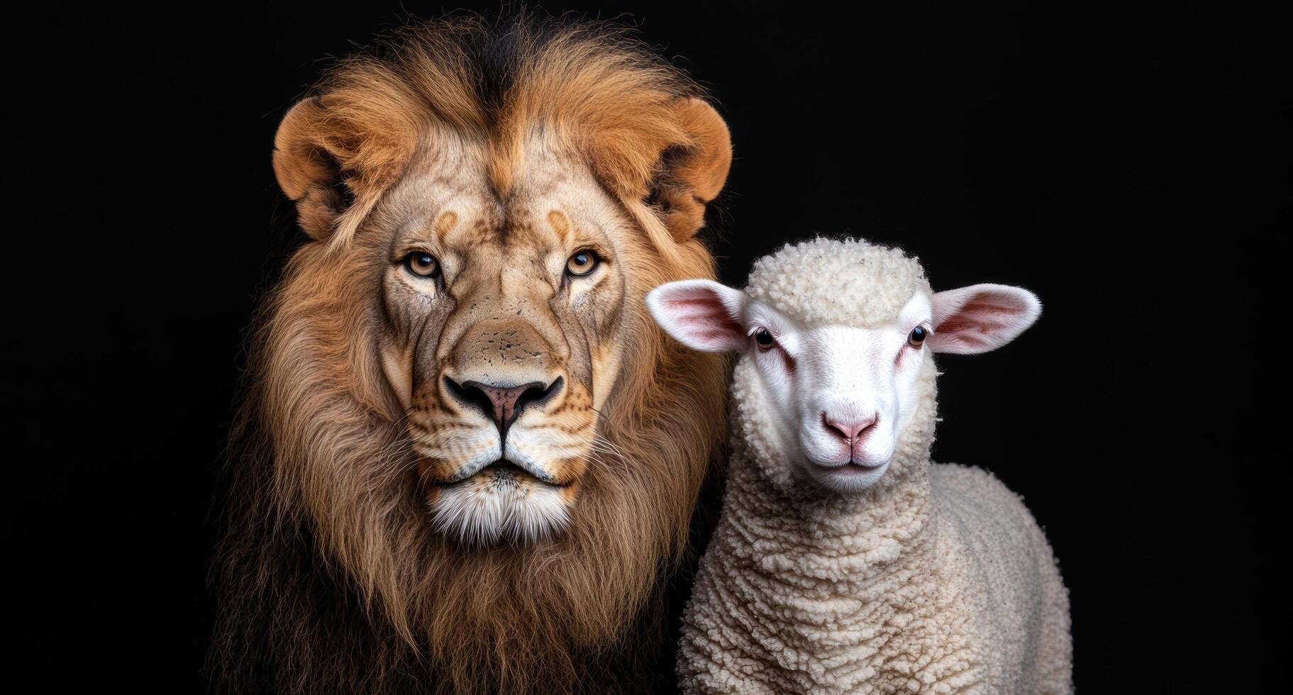 Powerful lion and innocent lamb photo