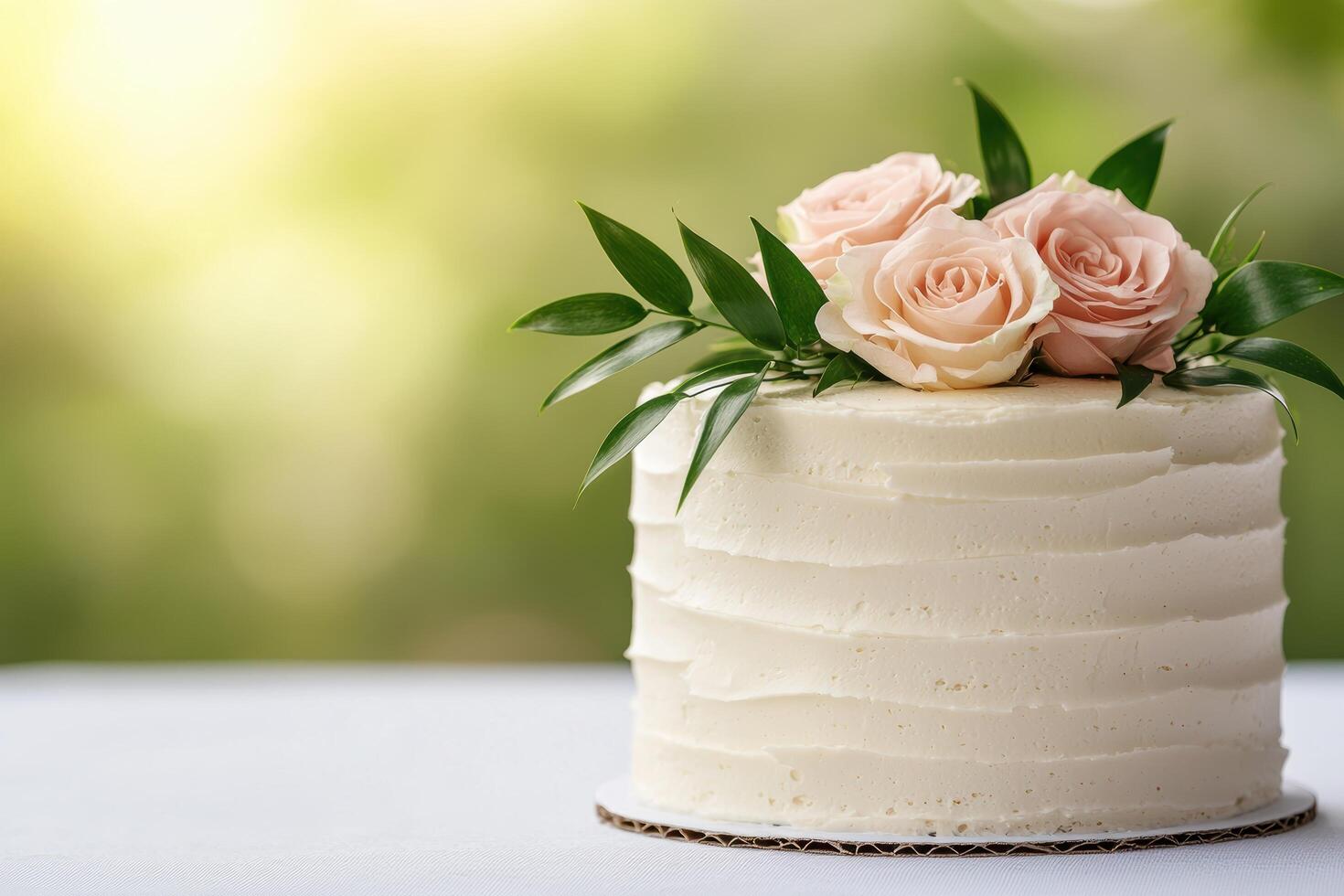Elegant white wedding cake with pink roses photo