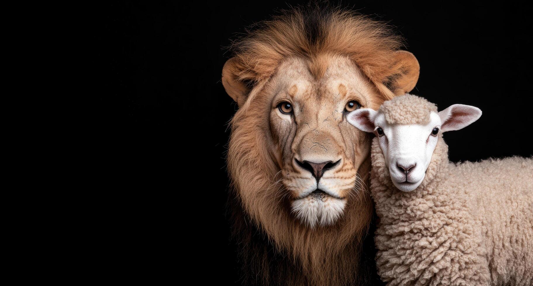 Powerful lion with a lamb photo