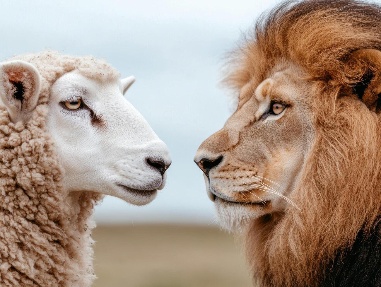 close up of a sheep and a lion facing each other photo