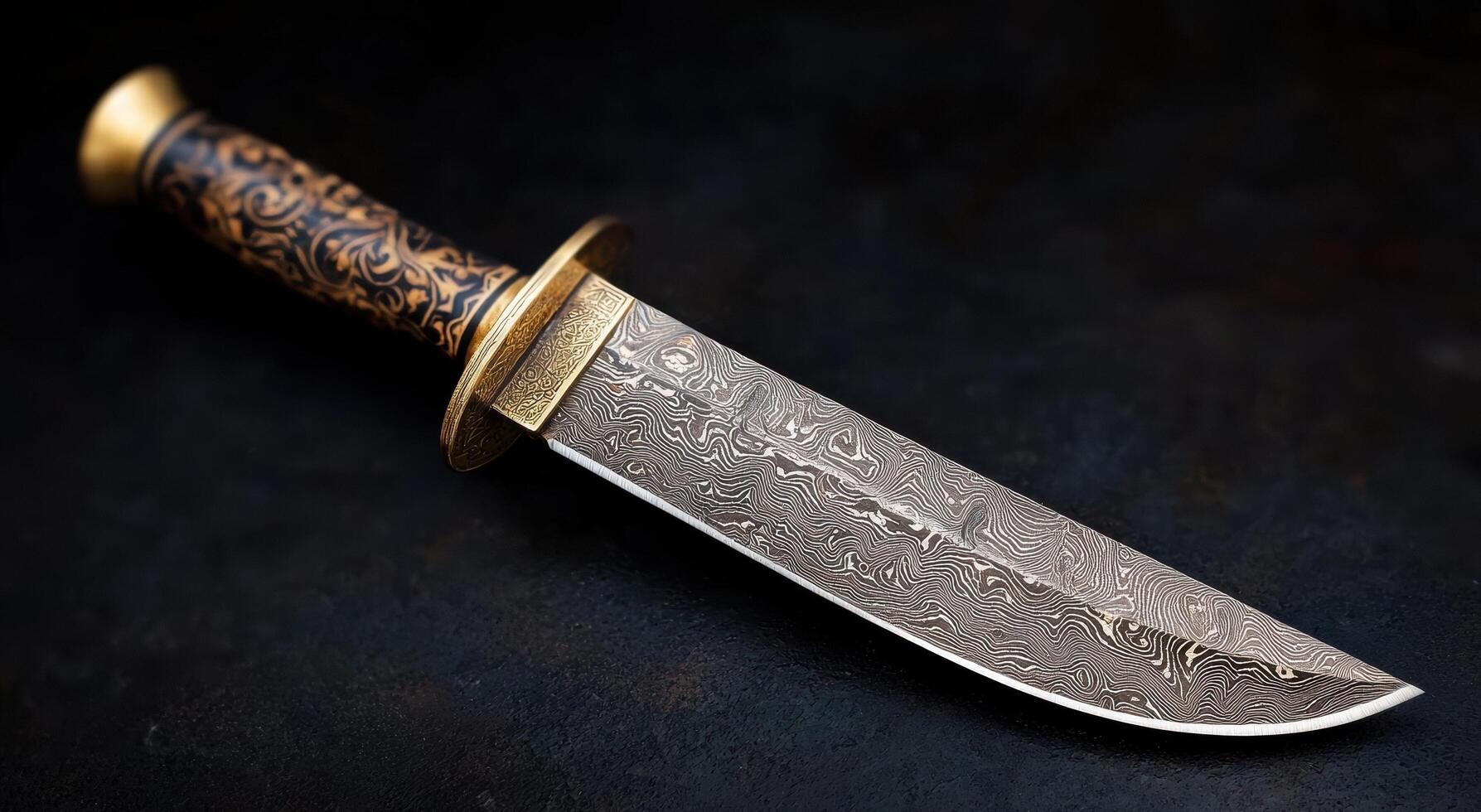 Ornate damascus steel hunting knife on dark background photo