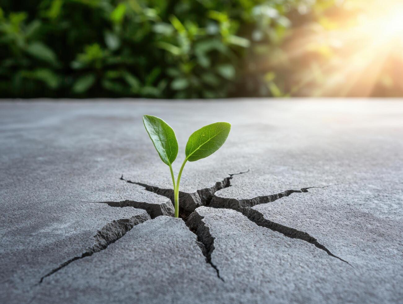 green plant sprout growing through cracked concrete photo