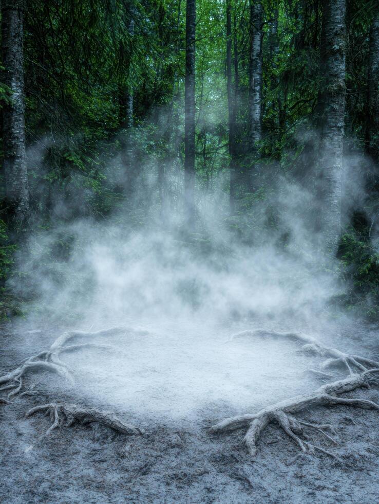 Mysterious forest path shrouded in mist photo