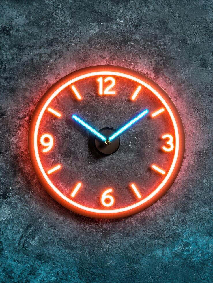 Glowing neon clock on dark textured background photo