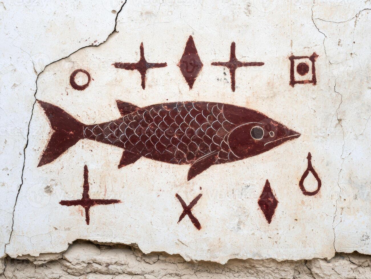 ancient rock art depicting a fish and symbols photo