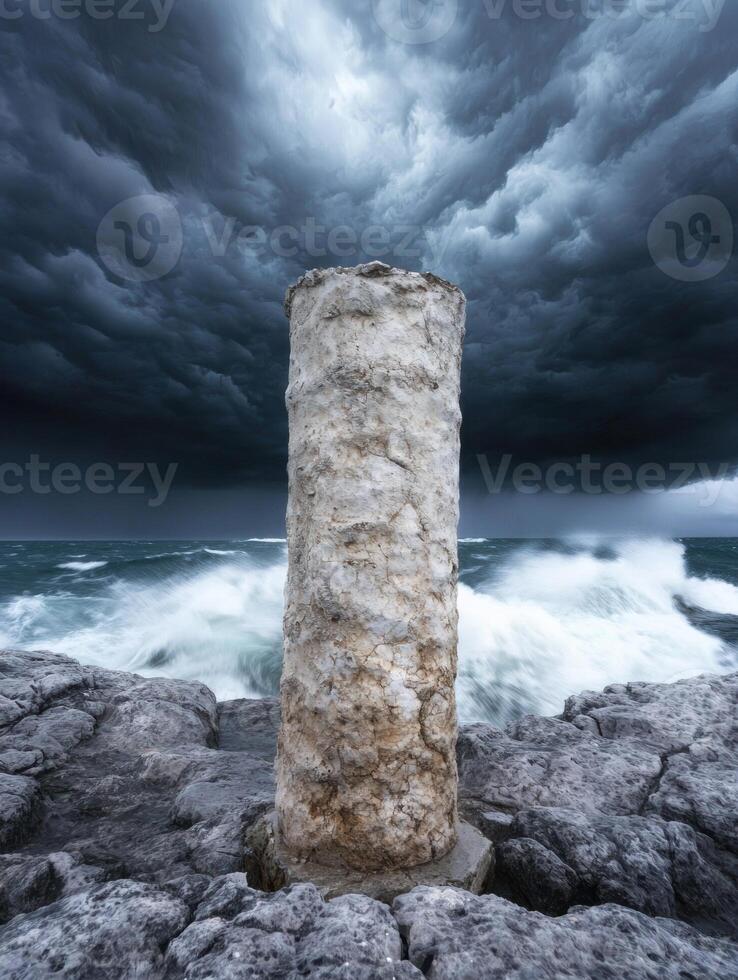 Dramatic storm clouds over rocky coastal landscape photo