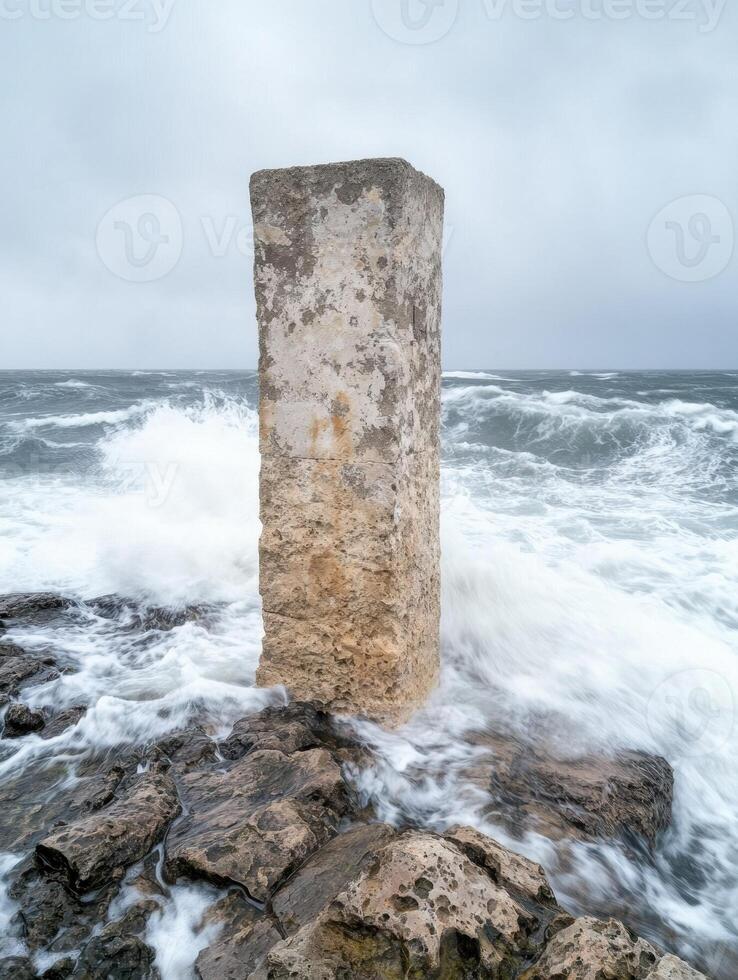 Weathered concrete pillar standing tall against crashing waves photo