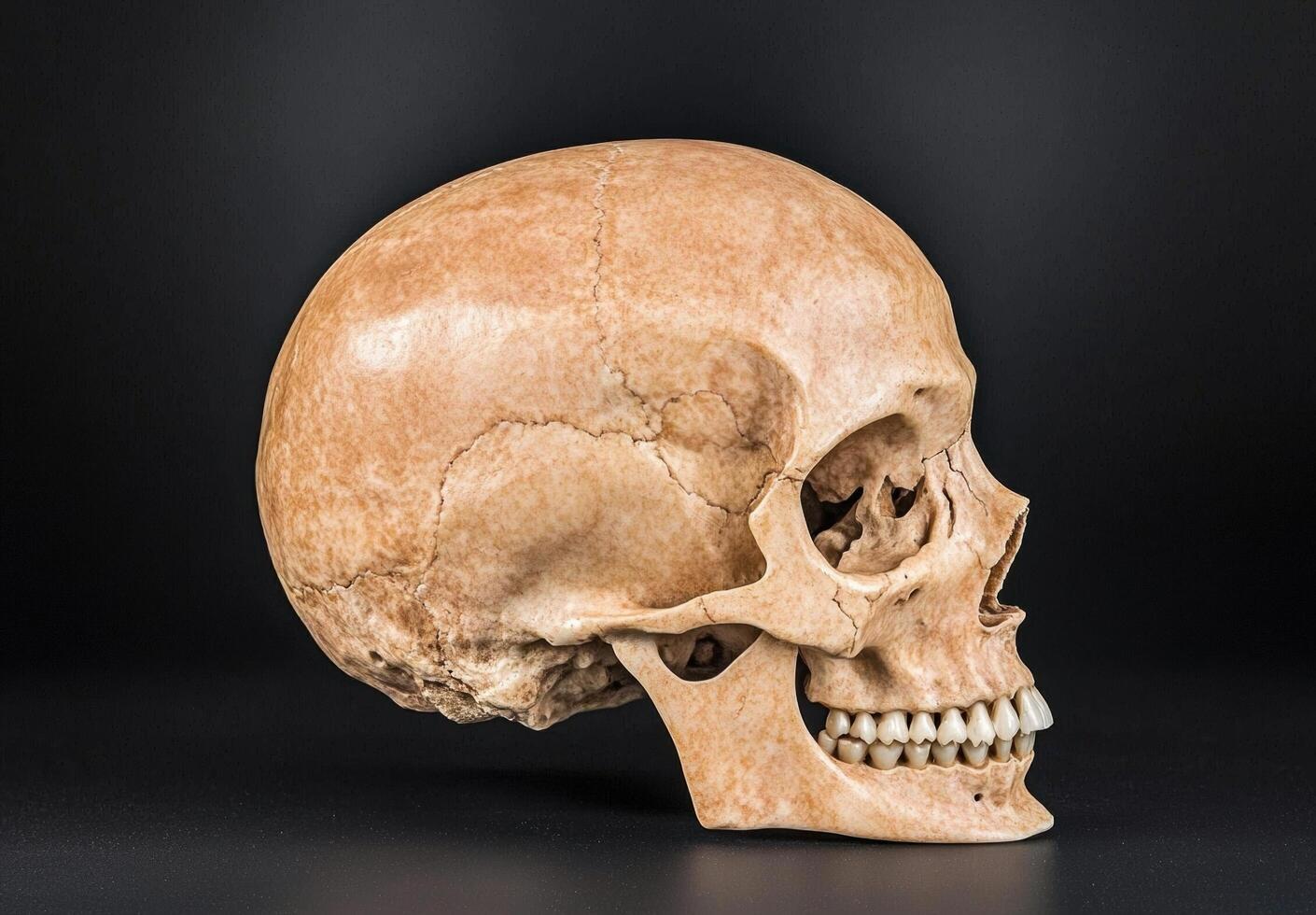 Detailed view of a human skull on a dark background photo