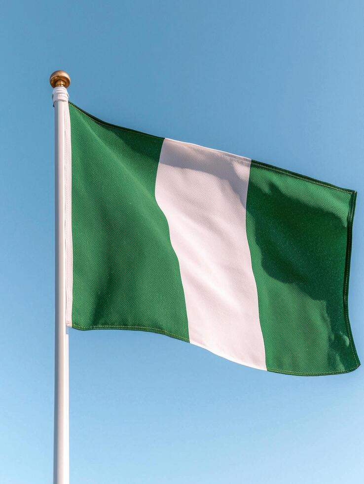 Waving green and white flag against blue sky photo
