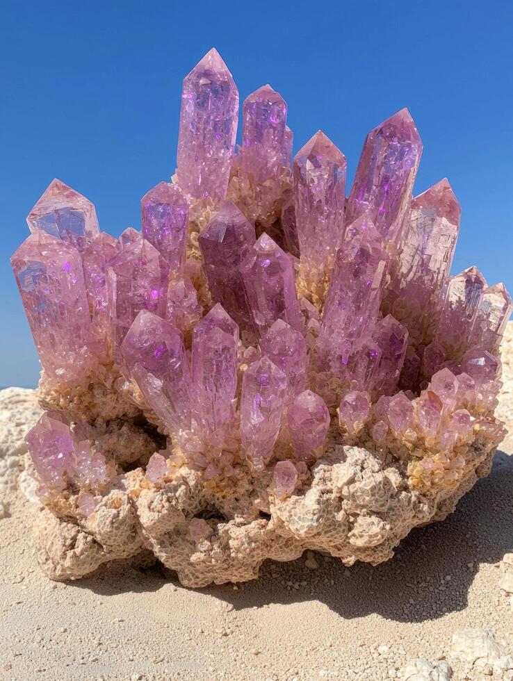 Stunning amethyst crystal cluster on rocky surface photo