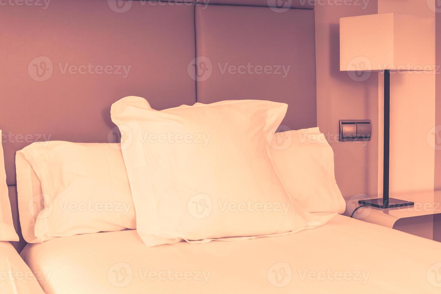 Prepared fresh bed, scene in hotel room photo