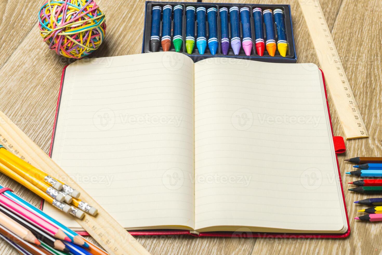 various colorful drawing tools. Mock up photo