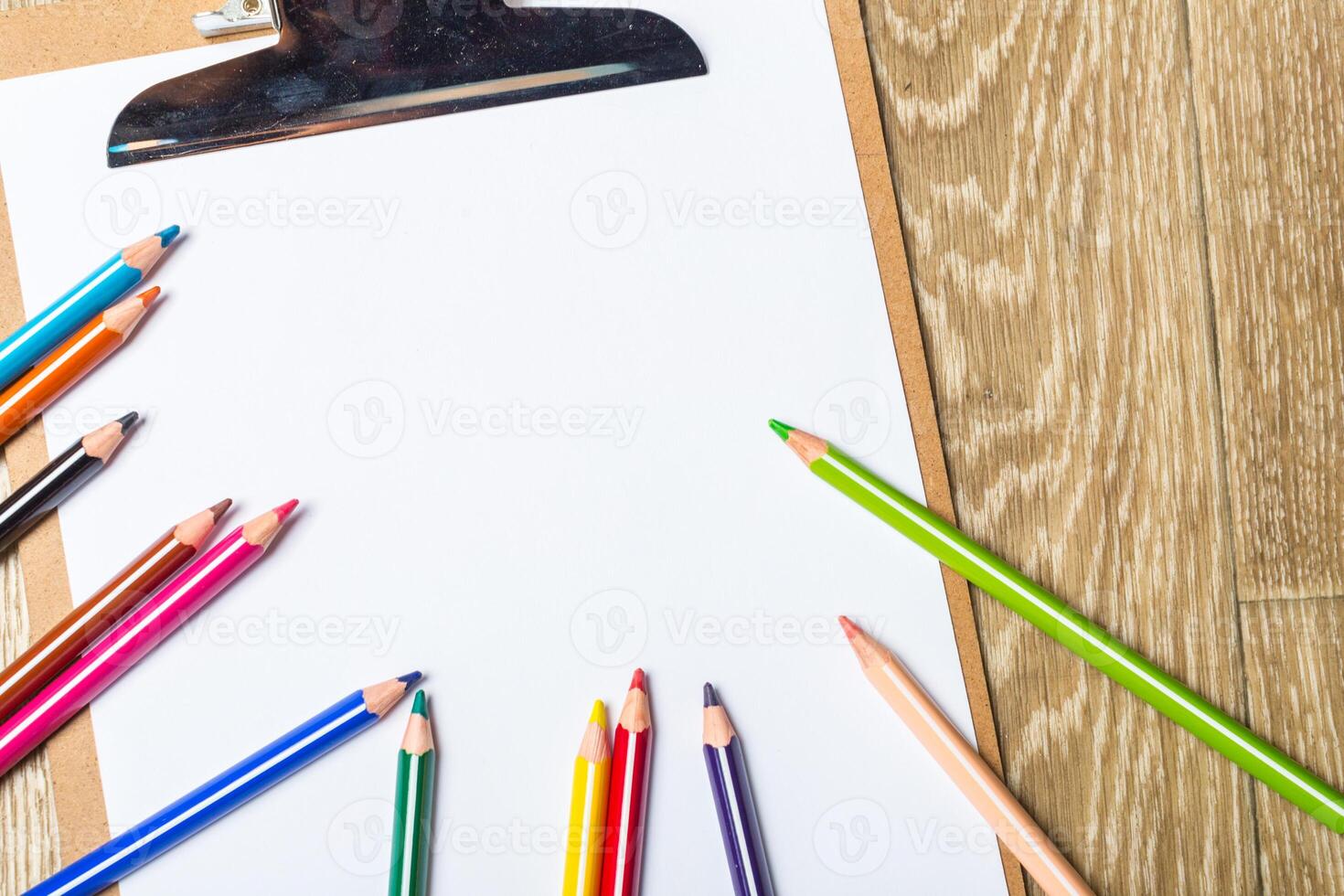 various colorful drawing tools. Mock up photo