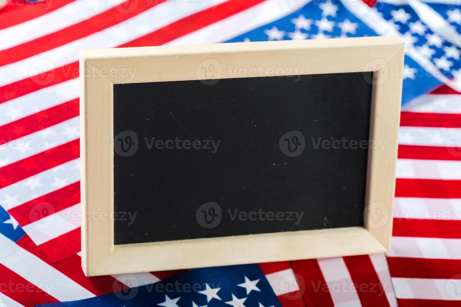Blank chalk board with American Flag photo