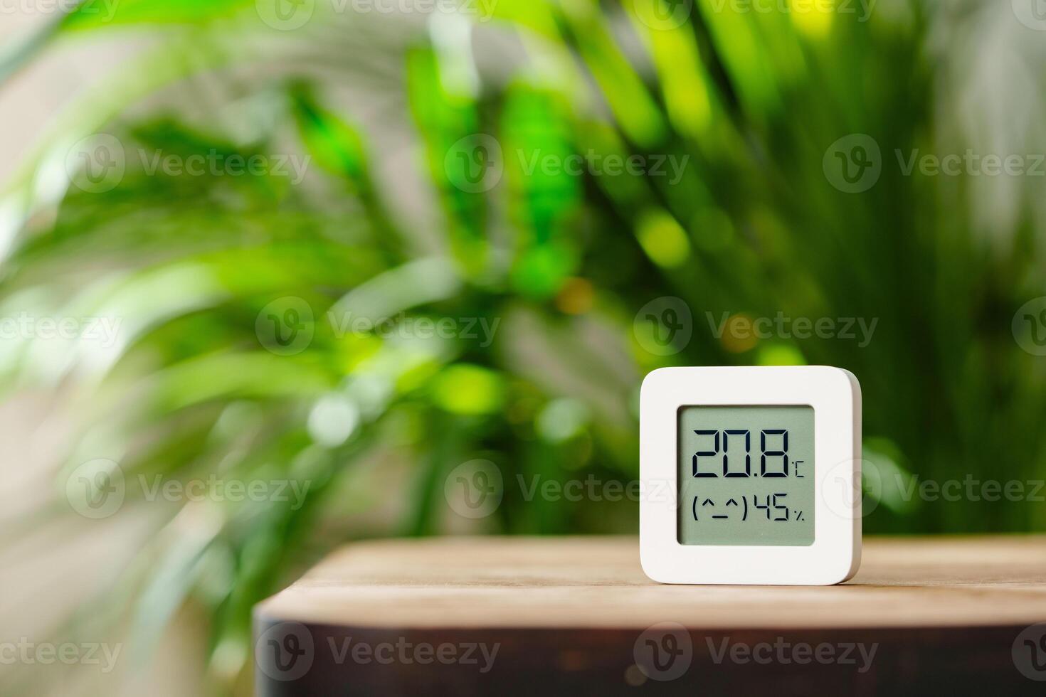 White Digital Thermometer Displaying Temperature and Humidity on Wooden Table With Green Plant in Background photo