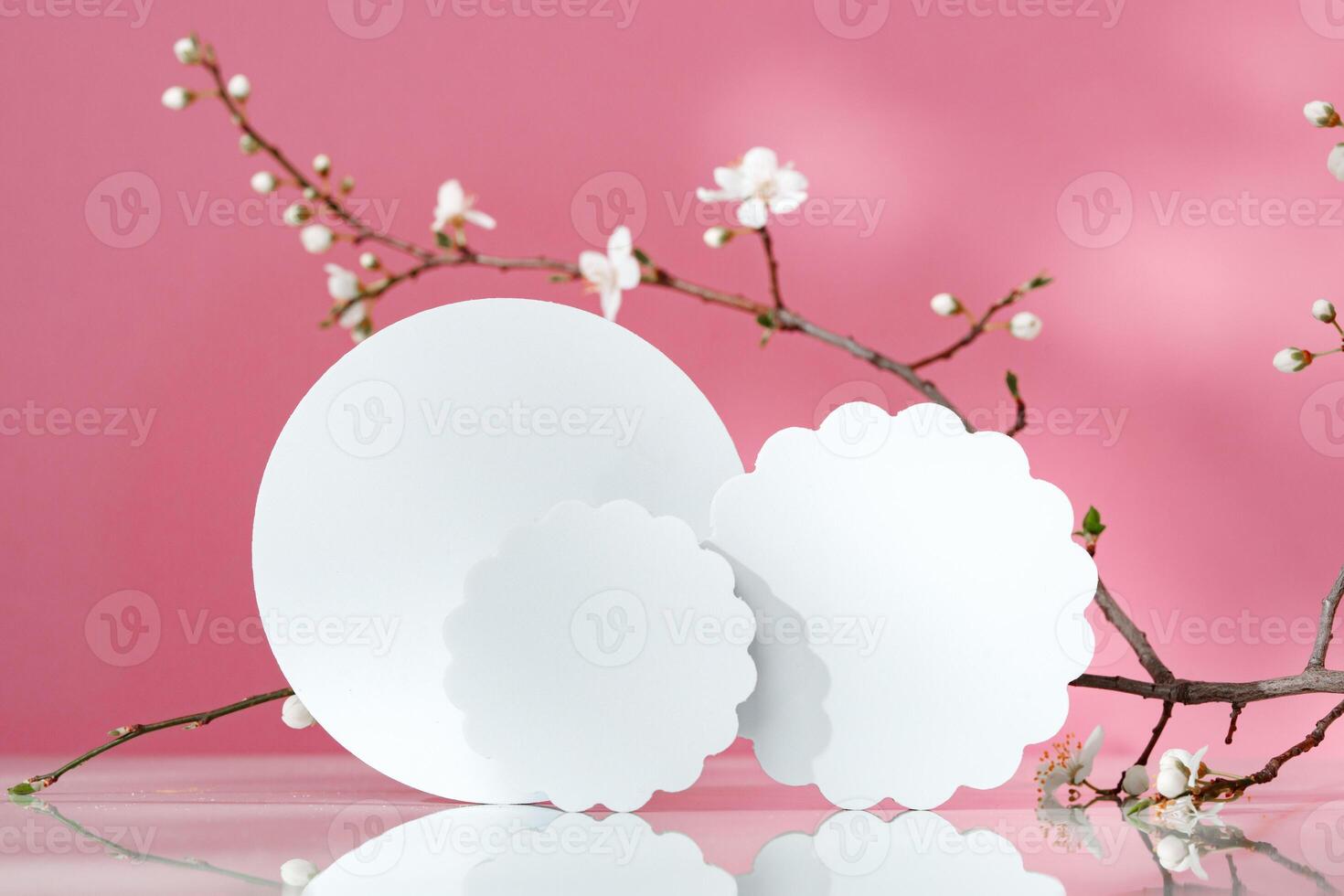 Decorative podiums and blooming branches on pink background with shadows photo