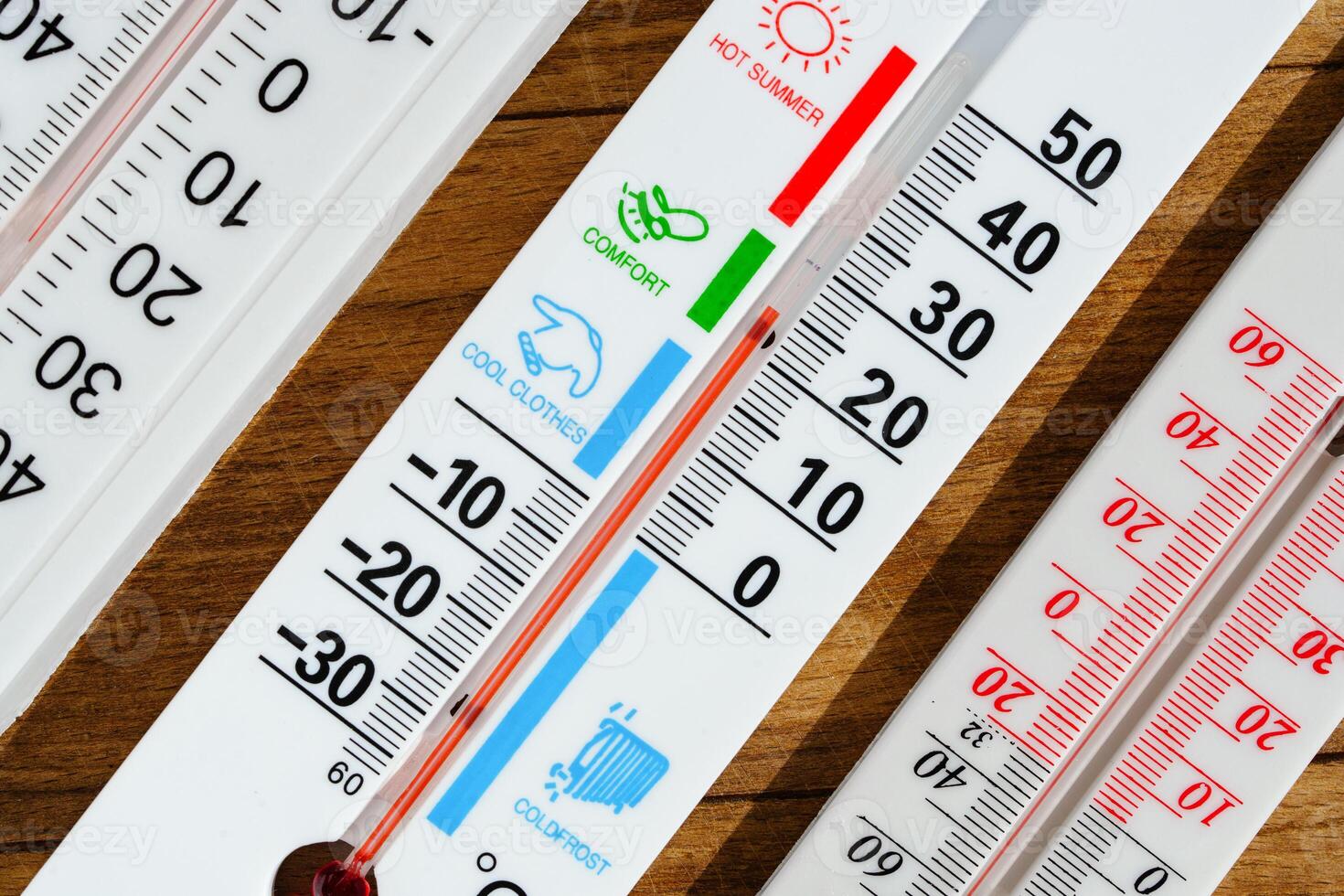 Three Celsius Thermometers on a Wooden Surface photo