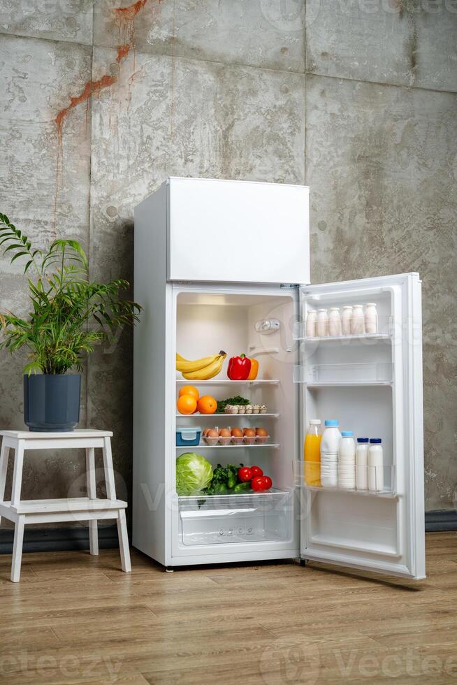 White Refrigerator With Open Door Showing Food Inside, Grey Concrete Wall, Wooden Floor, and Plant photo