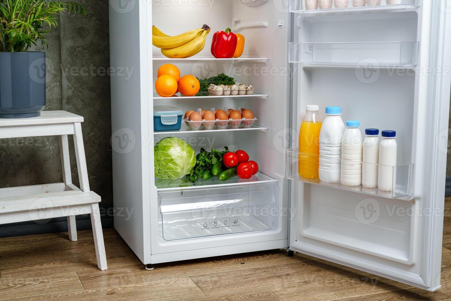 White Refrigerator With Open Door Showing Food Inside, Grey Concrete Wall, Wooden Floor, and Plant photo
