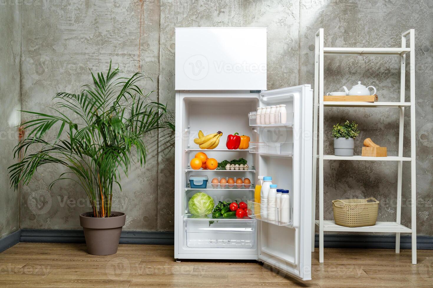 White Refrigerator With Open Door Showing Food Inside, Grey Concrete Wall, Wooden Floor, and Plant photo