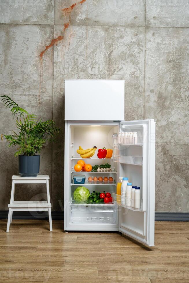 White Refrigerator With Open Door Showing Food Inside, Grey Concrete Wall, Wooden Floor, and Plant photo