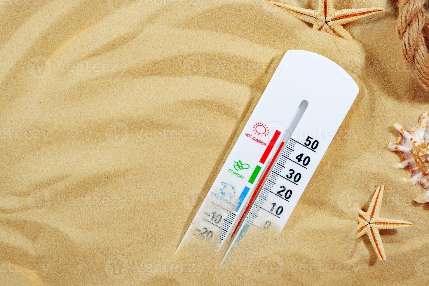 White Thermometer Measuring High Temperature on Sandy Beach With Starfish photo