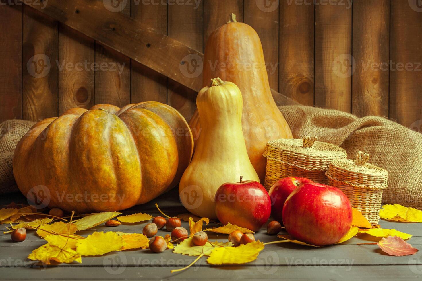 pumpkins on wooden board photo