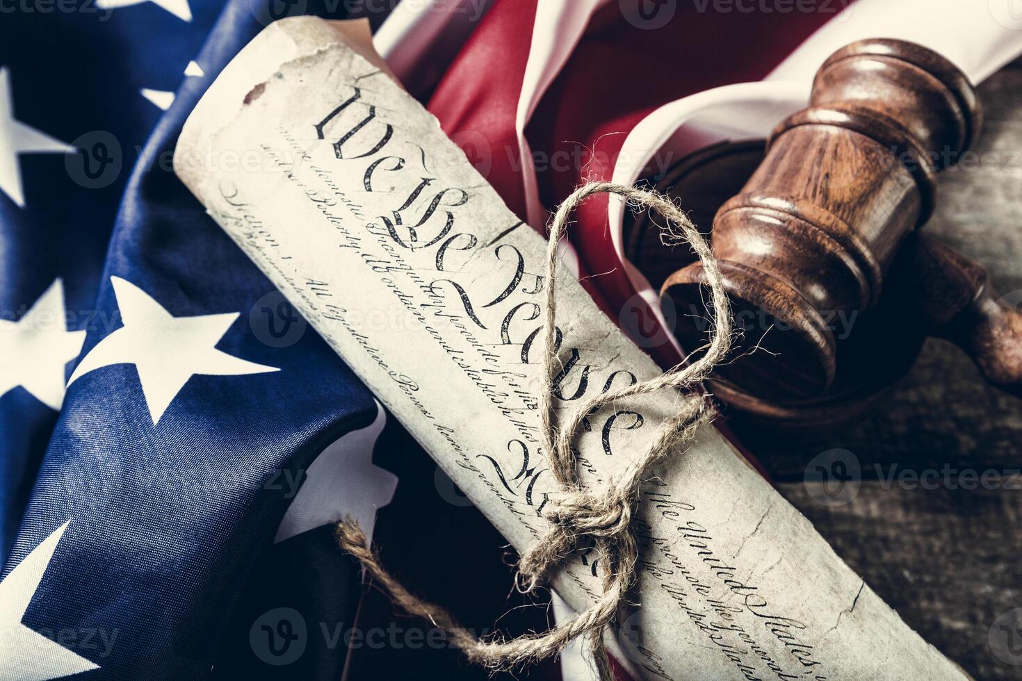 Wooden gavel and USA flag photo