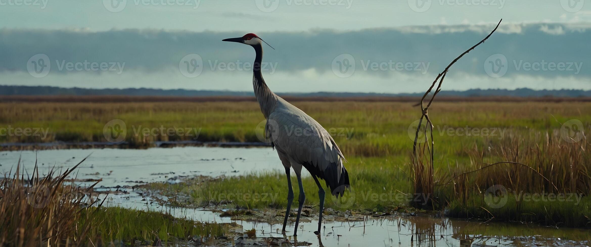 A crane stands in a marshy area near tall grass photo