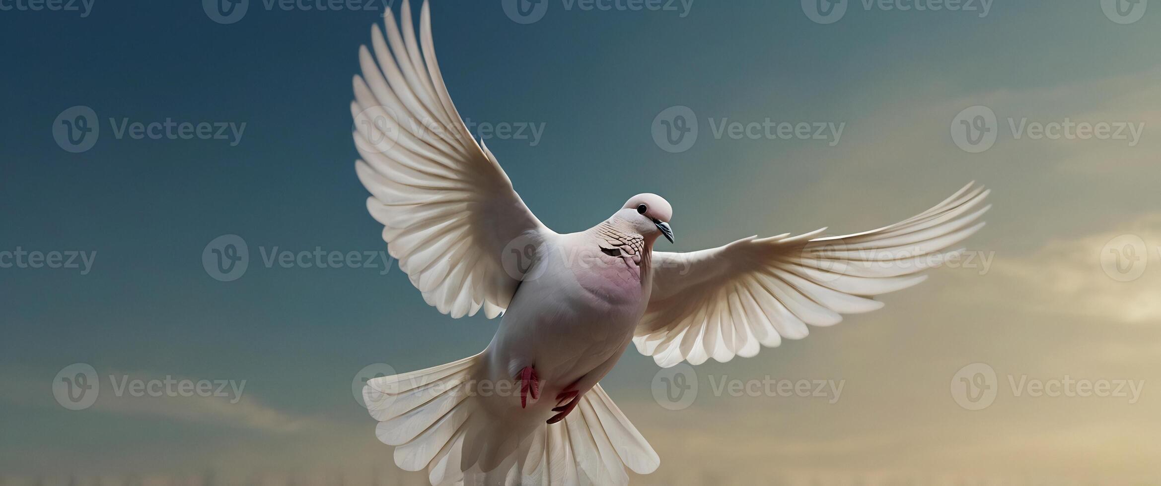 A white dove flying in the air with its wings spread photo