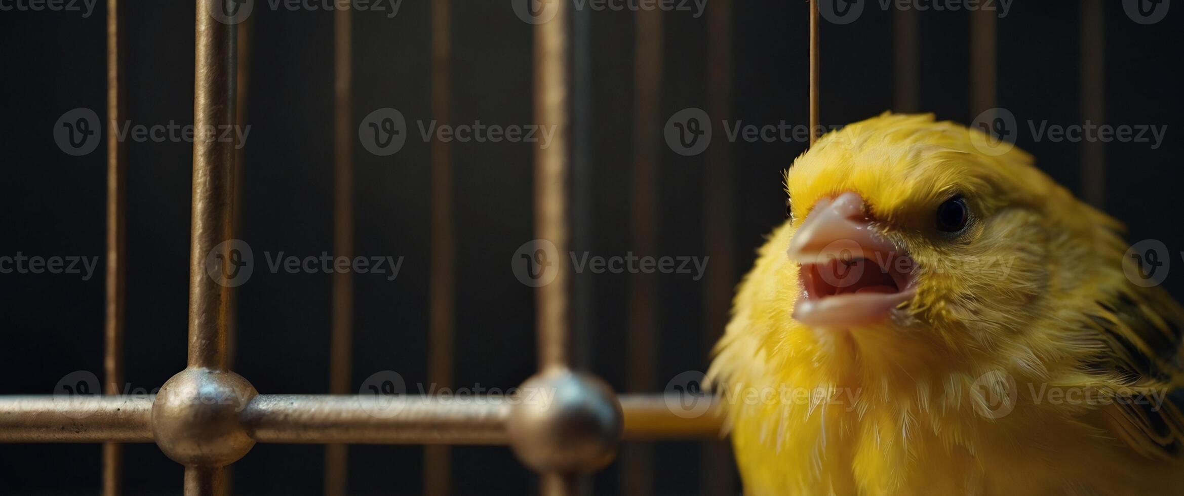 A yellow bird is sitting in a cage photo