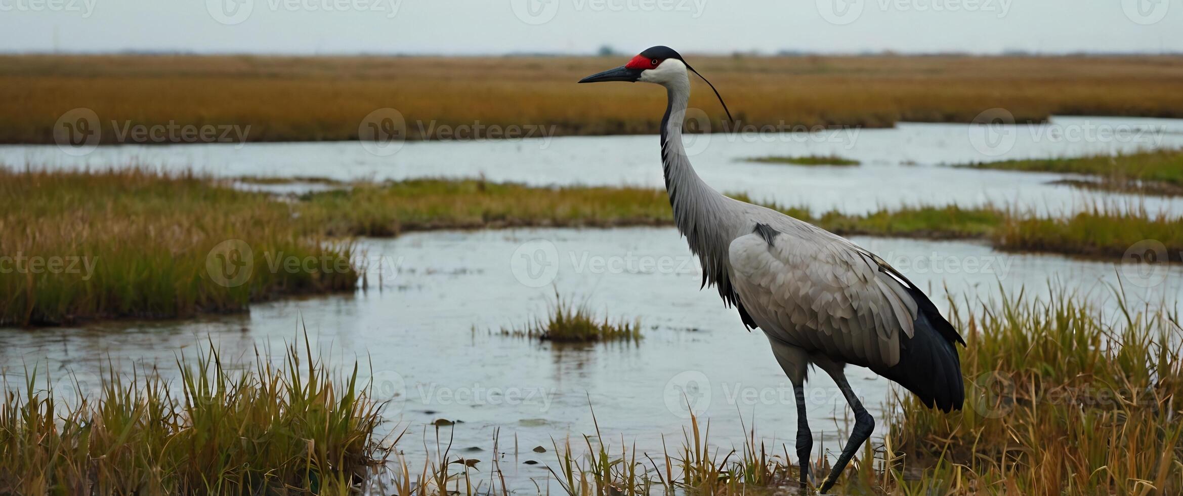 A crane stands in the marsh near a body of water photo
