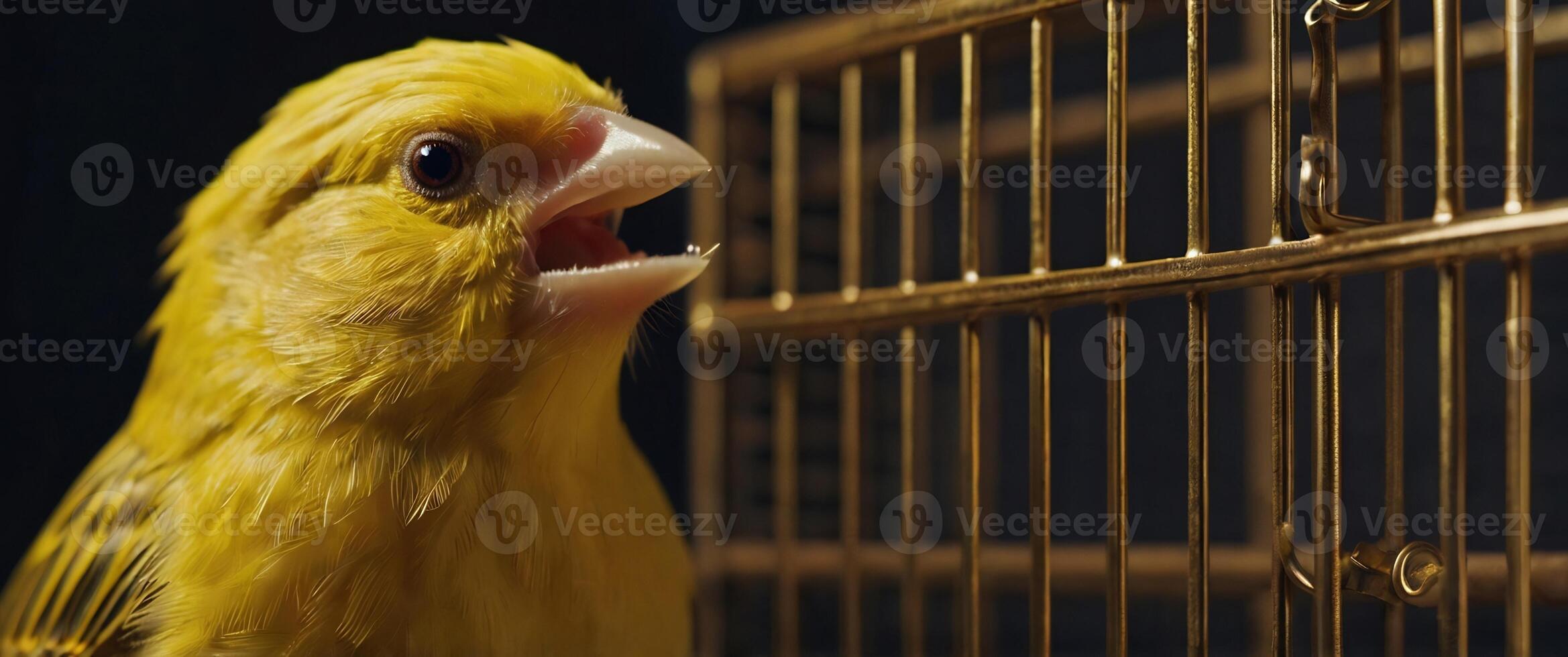 A yellow bird is standing in front of a cage photo