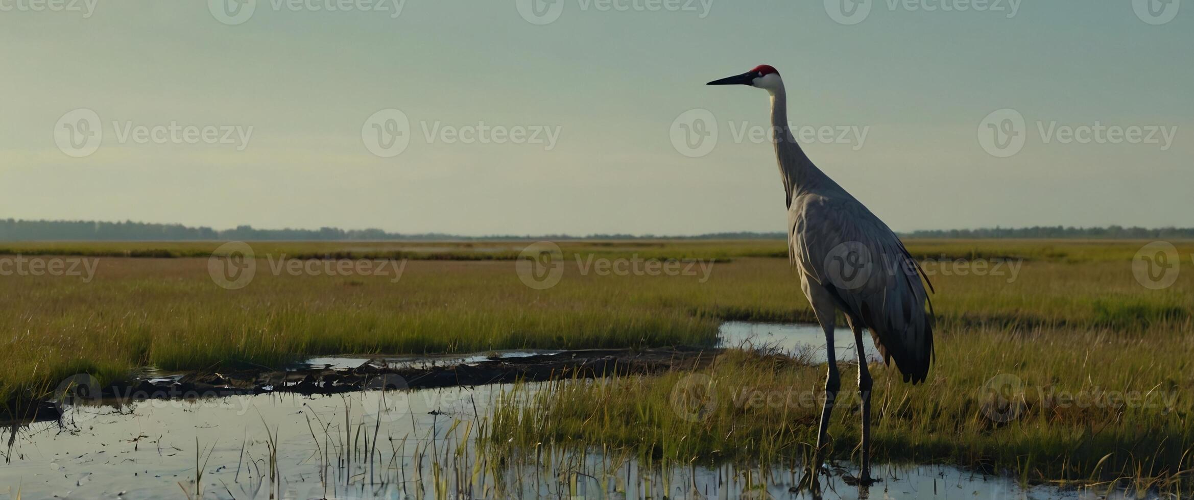 A crane stands in a marsh with water and grass photo
