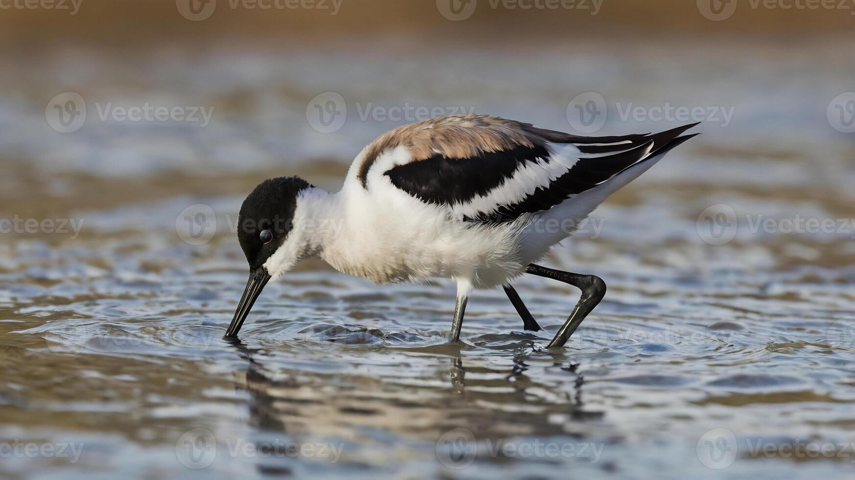 A bird with a long beak is standing in shallow water photo