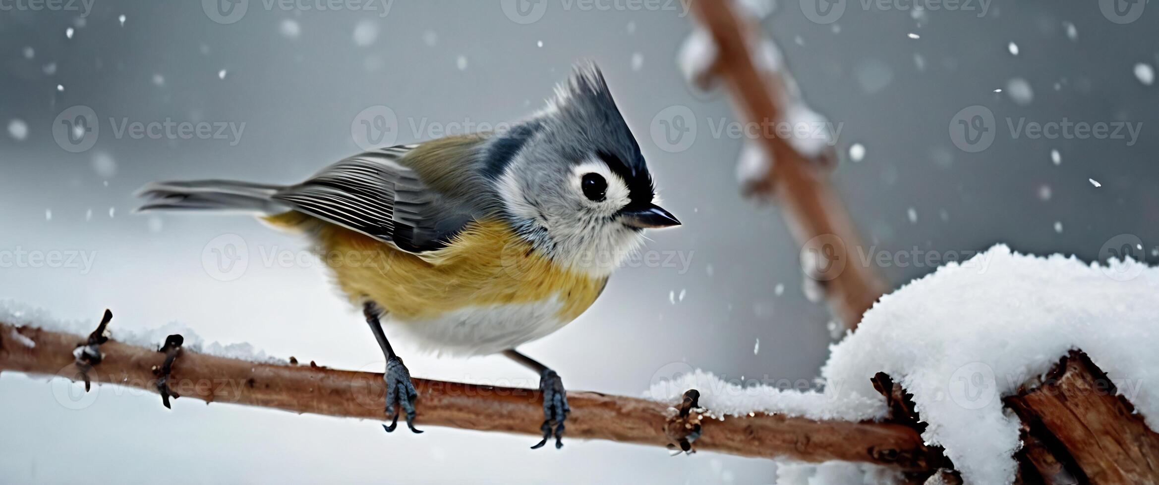 A bird is perched on a branch in the snow photo