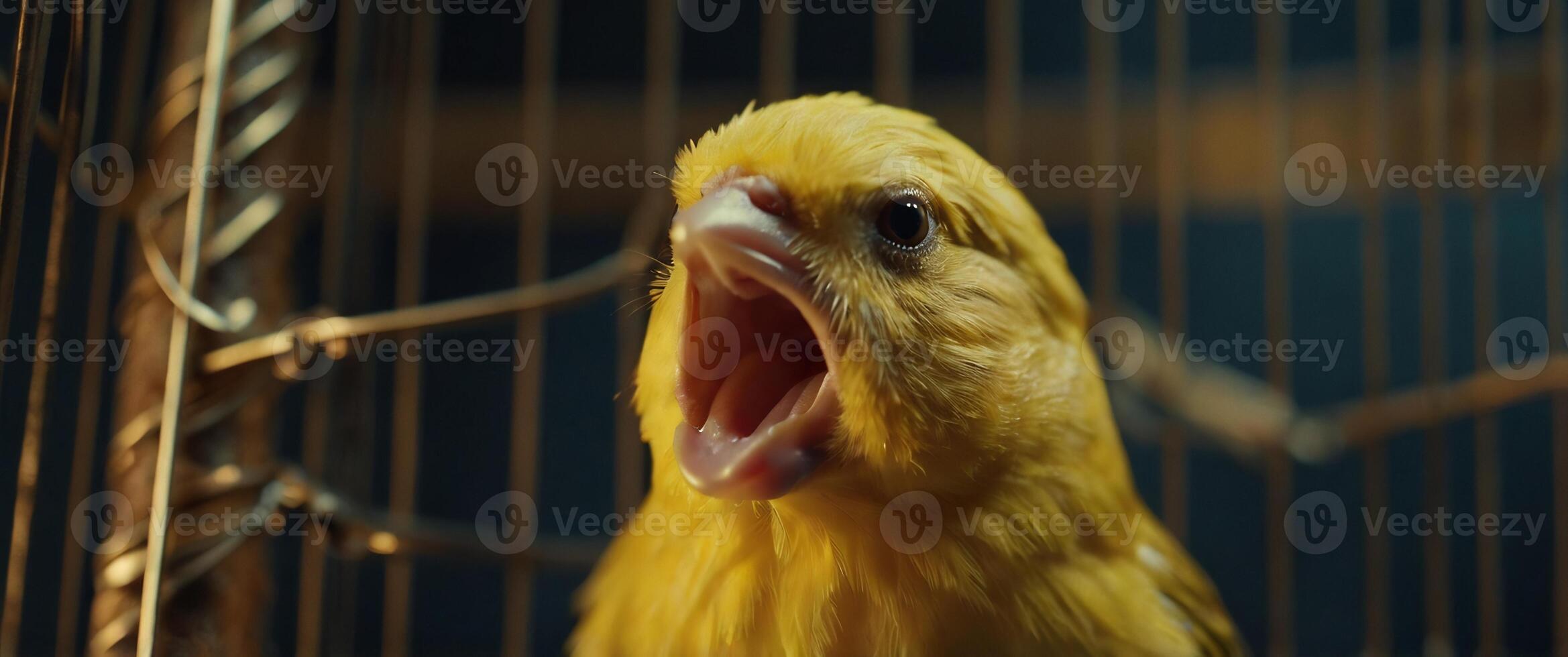 A yellow bird with its mouth open in a cage photo