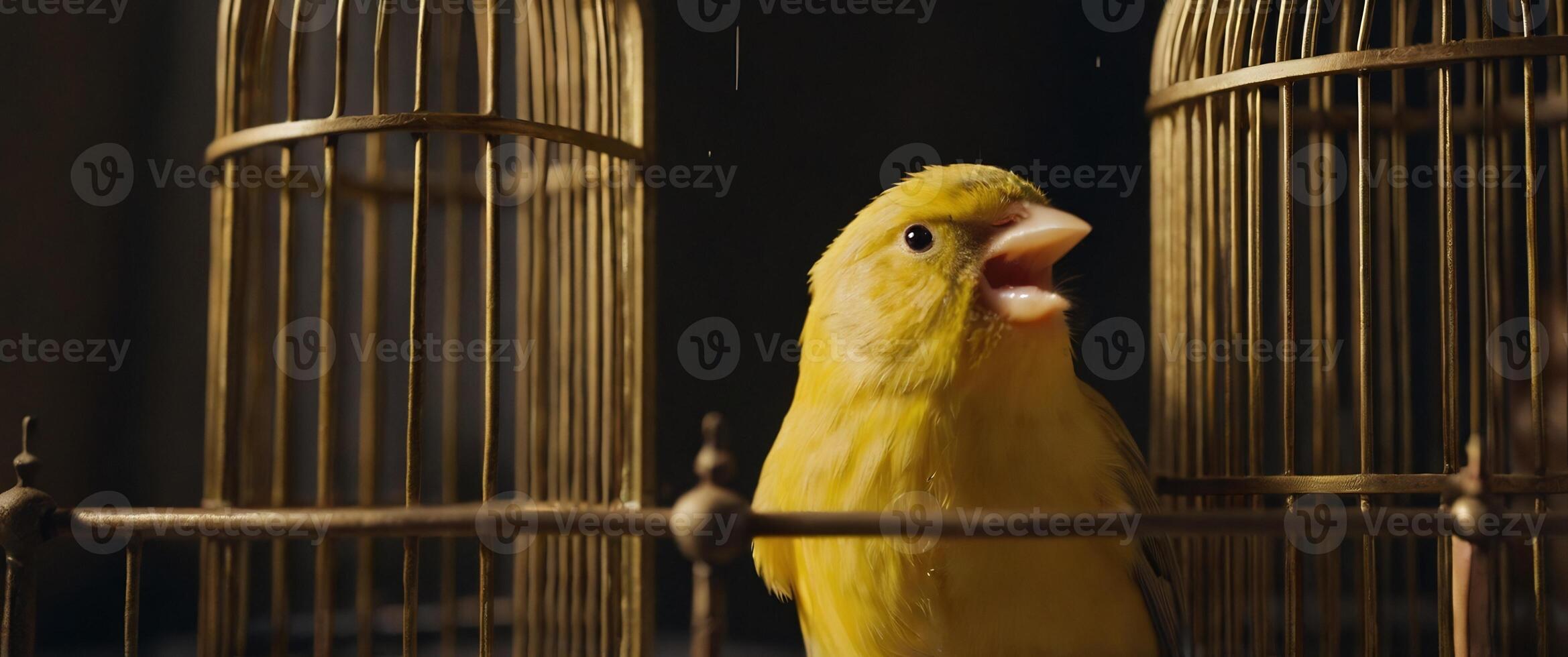 A yellow bird is sitting in a cage photo