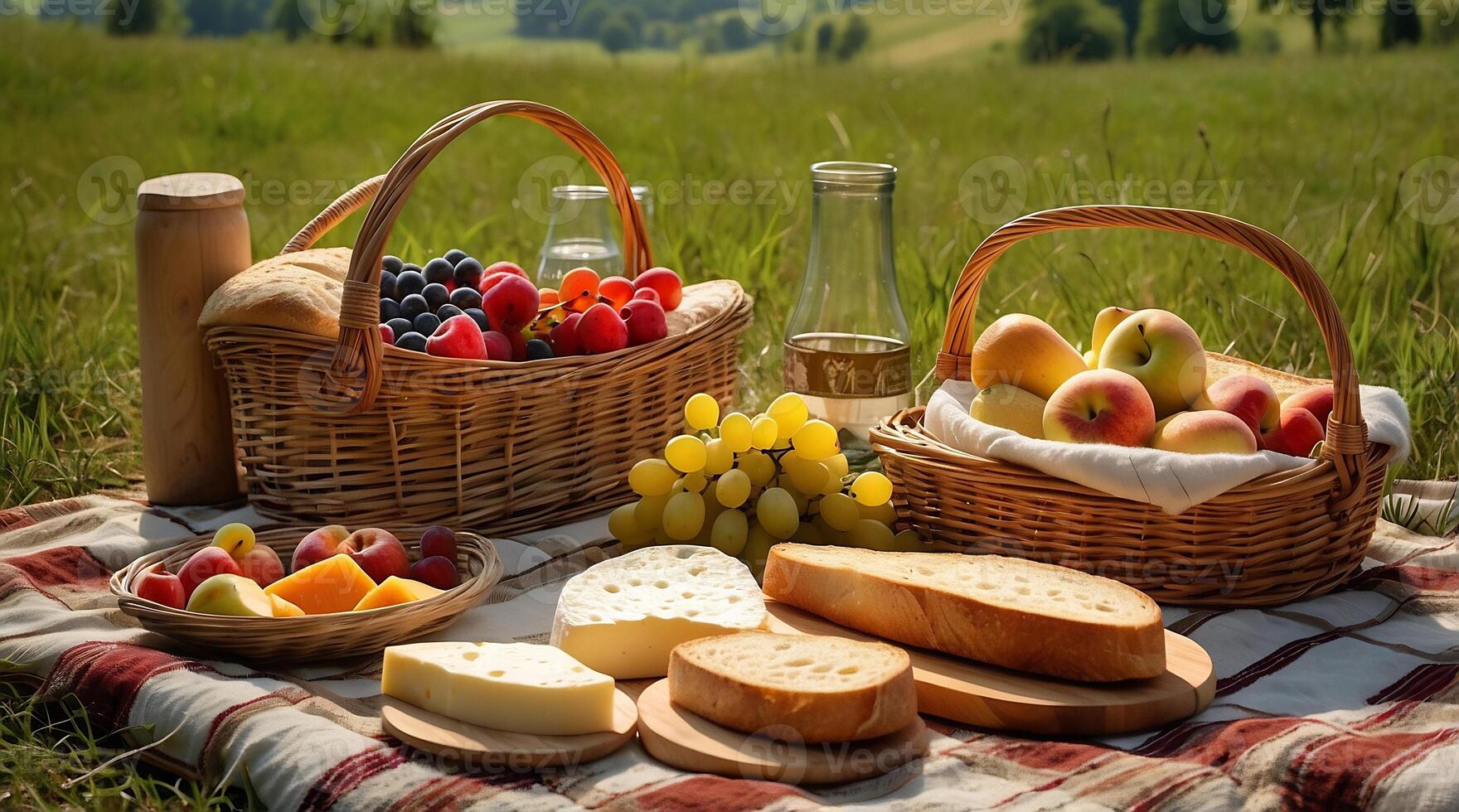 Picnic basket with fruit, cheese and bread photo