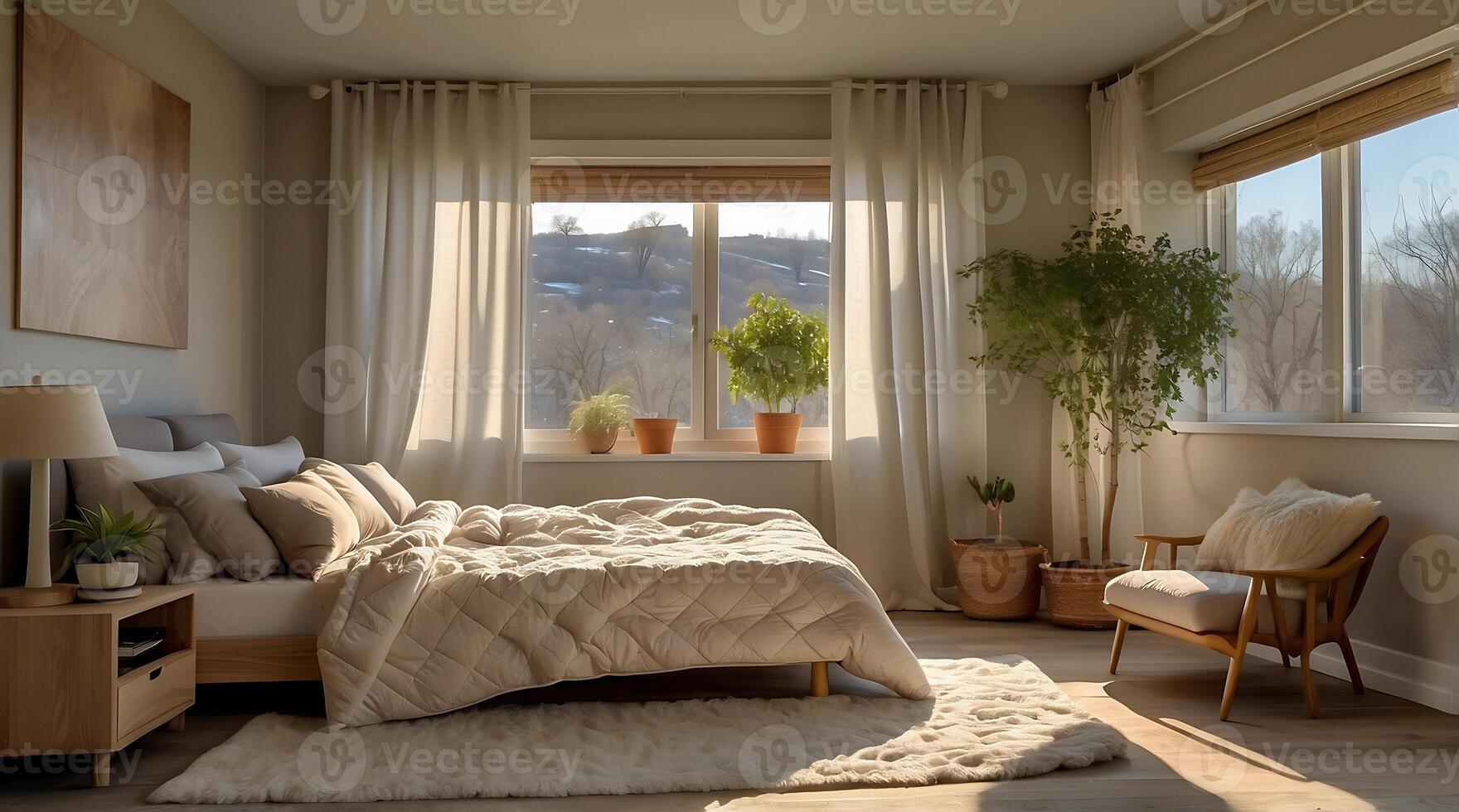 A bedroom with a bed, chair and window photo