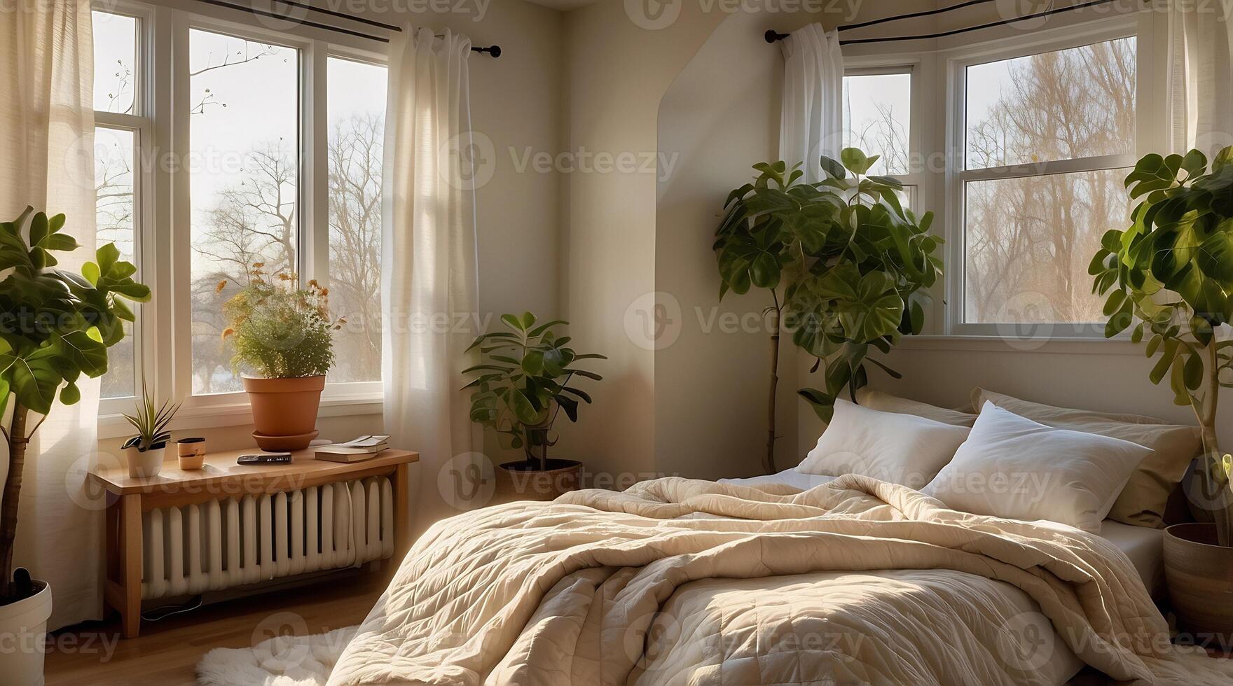 A bedroom with a bed, a window and a plant photo