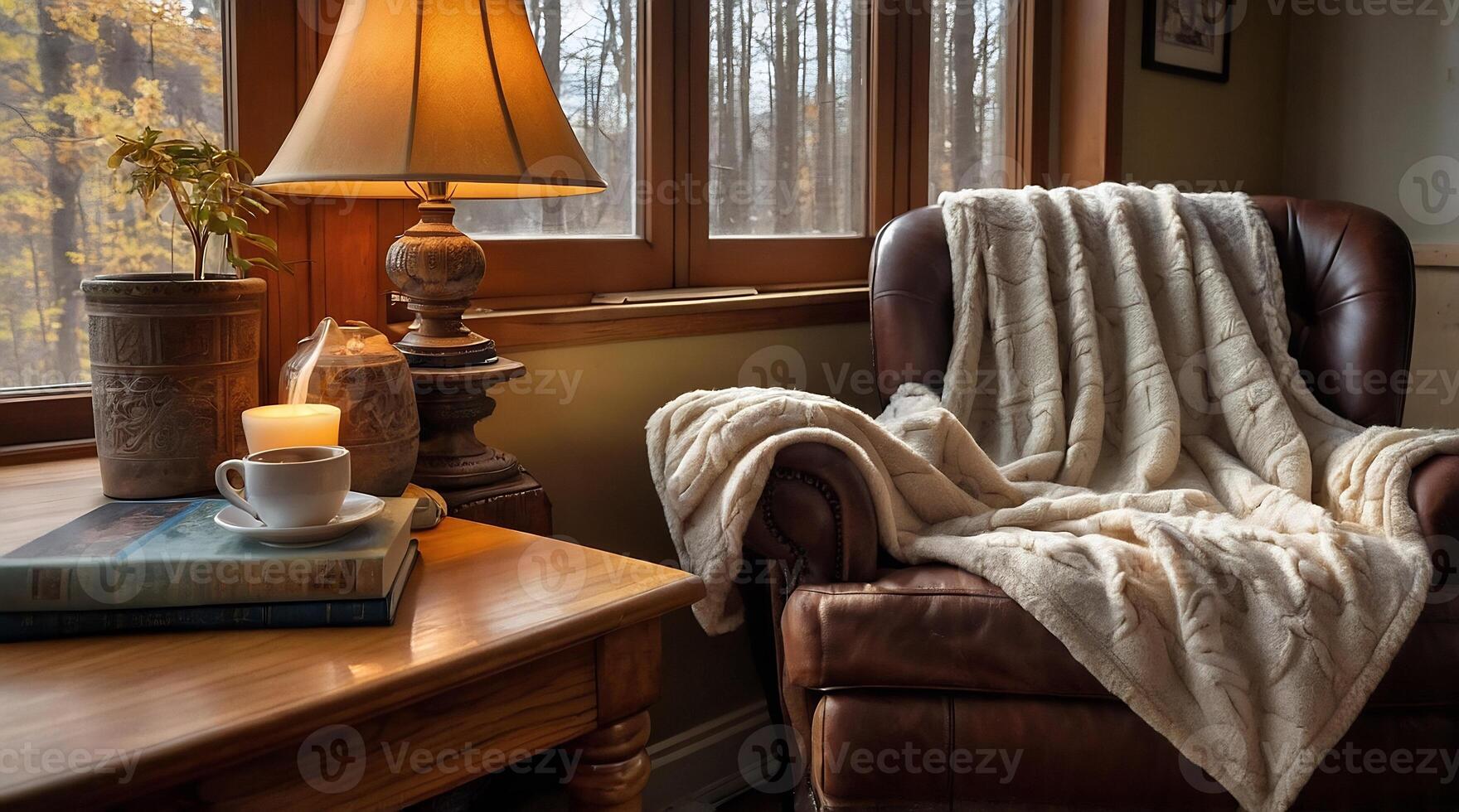A chair with a blanket and a lamp sitting in front of a window photo