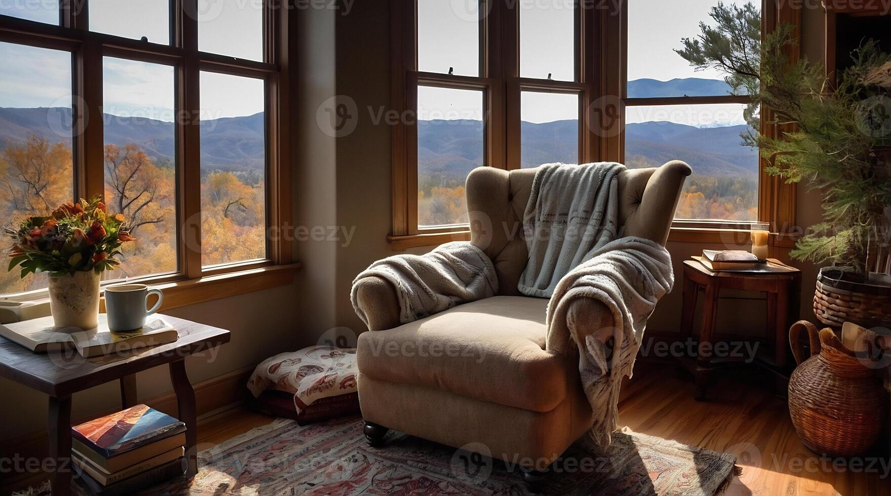 A chair sits in front of a window overlooking the mountains photo